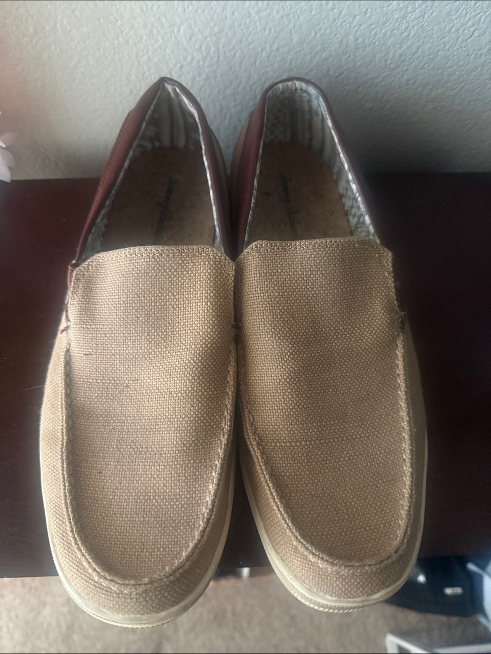 Tommy Bahama Tan Canvas Slip-On Loafers with Brown Trim